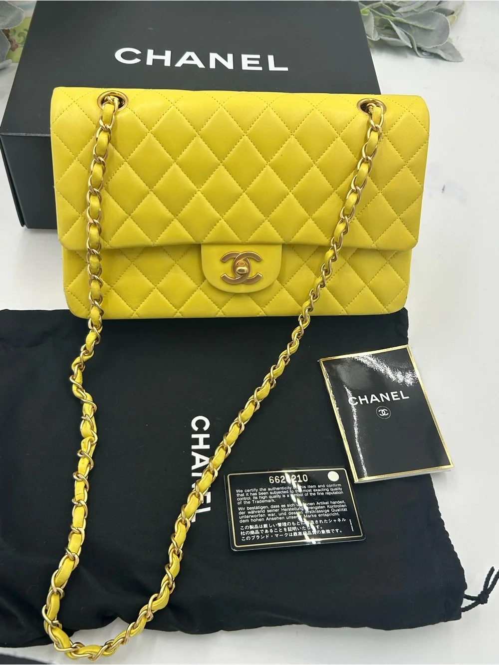 Women's Chanel Classic Quilted double Flap Bag in Yellow with Gold Hardware
